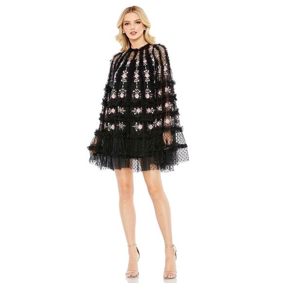 Mac Duggal Floral Embroidered Rose A-Line Mini Cape Dress Black Size 12 NWT  - joarbit.com